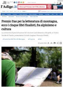 “Premio Itas per la letteratura di montagna, ecco i cinque libri finalisti, fra alpinismo e cultura”, l'Adige – 8 aprile 2024